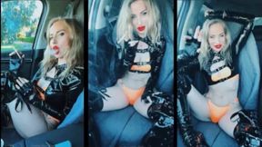Car hotboxing Latex Bikini Queen smokes marlboro 100 human Ashtray