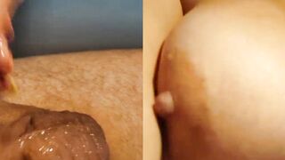 New format close up clip. Touching irresistible natural titted while stepsister masturbate my lubed cock. Big jizzed.