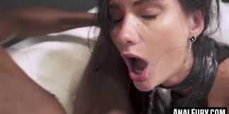 Skinny brunette Megan Venturi takes rough anal pounding and cums on Mike's face