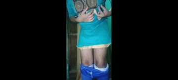 Indian Gay Crossdresser Gaurisissy in blue Salwar Suit pressing his boobs and fingering in his ass