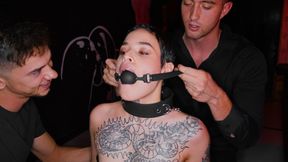 Ink-stained bimbo gets ball-gagged and ravaged by two beastly studs in hardcore bondage'