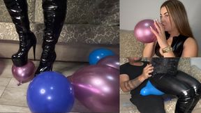 100 BALLOONS EXPLODE! Leather Butt Pop Goddess SITS & Crushes Balloons IN MALE - 4K