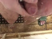 urethral plug at public shower, phone cable in bladder, pee and cum