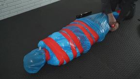 Mummification with garbage bags and red tape vibrator and orgasms