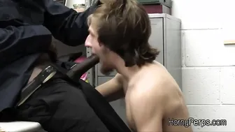 Twink Gags on Security Guard's Big Black Cock in Back Office