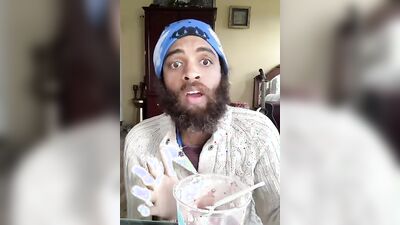 Cute bearded guy has fun doing a food bowl review