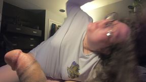 Innocent Chubby white nerd girl with glasses sucks cock and licks up the cum