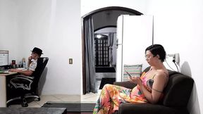 Mistress visits cheating wife while cuckold works from home.