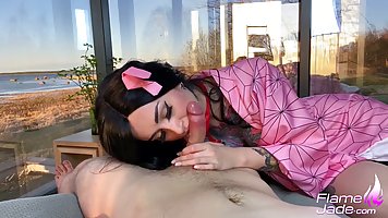 Nezuko is having wild anal sex after giving a blowjob to a random horny stranger
