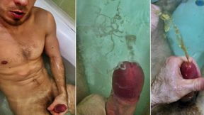 Muscular man jerks off and cums in the bathroom! Cum under water! Pissing on myself!