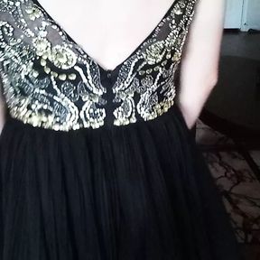 Girl&#039;s pretty homecoming gown shown off and cummed in