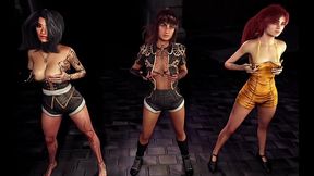 Toned babes Lune, Sciel and Maelle synchronously dancing in the dungeon