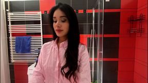 Hot petite brunette babe in the bathroom prepares for a night out in panties and a shirt