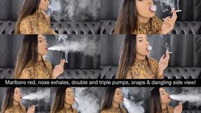 Angie powersmoking marlboro red side view! Nose exhales, double and triple pumps, snaps, residual exhales, dangling!