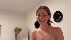 Petite babe rides huge cock and swallows double cum