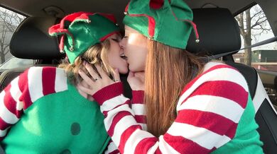 Nadia Foxx & Serenity Cox as Horny Elves cumming in drive thru with remote controlled vibrators / 4K