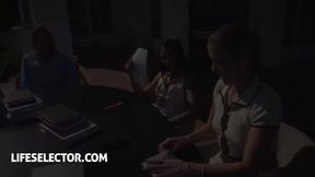 Lesbian office party escalates into wild foursome with Leya Desantis, Greta Foss, and Jasmine Jayne