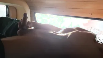 Skinny twink jerks his big cock and cums hard in car
