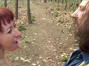 Redhead mature wildly slammed in the wood