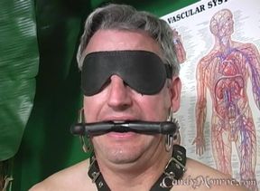 Cuckold in chastity device waits to eat black cum from Candy Monnroe's body