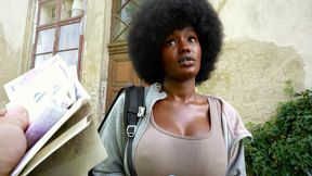 Shaved big tit black girl gives deepthroat in a public place for money