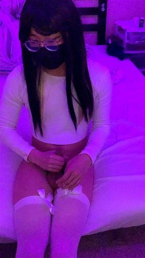femboy egirl strokes her dick in white stockings