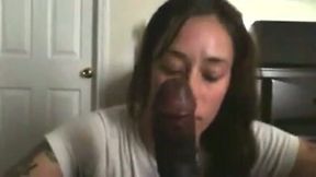 White brunette nympho in white T-shirt sucked strong fat black dick