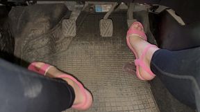 My stepsister steps on the gas and honks in pink high heeled sandals