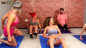 CFNM yoga Darlings jerk cock in group session after training