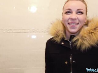 Public Agent Multiple orgasms as taut snatch stretched in public water closet