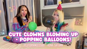 Cute Clown Girls Blowing Up + Popping Balloons
