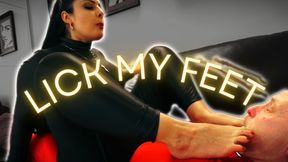 Foot Worship on human furniture, Matriarch Ezada Sinn’s bound chattel under Her soles