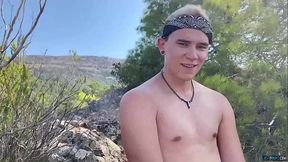 Naughty twink Sam Carter masturbates solo and cums outdoors