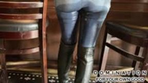 MILF Greta wets & re-wets herself, soaking her jeans and boots in a busy bar! (MP4 720p)