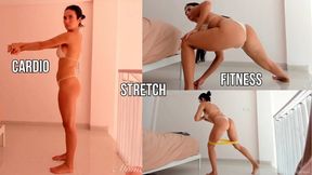 Cardio jumping, fitness and stretch in bikini - live stream