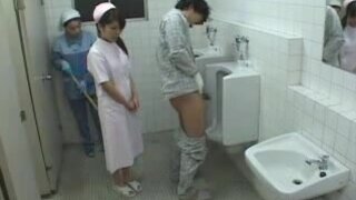 Asian Nurse and Cleaning Chick Help a Patient Jack off