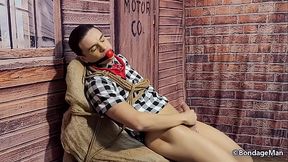 Bruninho twink cowboy tied up and ballgagged jerking-off | Behind the Scenes