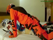 Hard Fucking my boyfriend, cum in his hole while he jerks on my MX boots