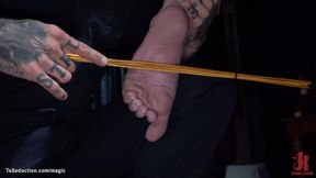 Trans slave bound and feet caned