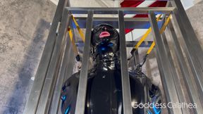 Caged Gimp in Bondage Bag Made to Cum in Chastity