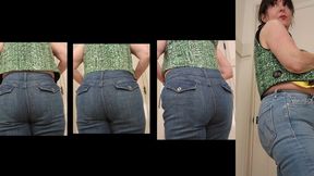 Fitting Room Fun Models Wearing Jeans Yellow Ruffled Bra and Green Sequined Vest