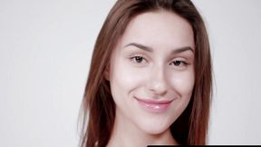 All-natural teen brunette Angelina S teases her big tits and shaved pussy