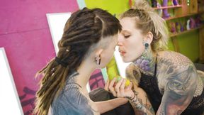 Tattooed Girl With Orange Big Strap on Trains Shy Teens Pussy!