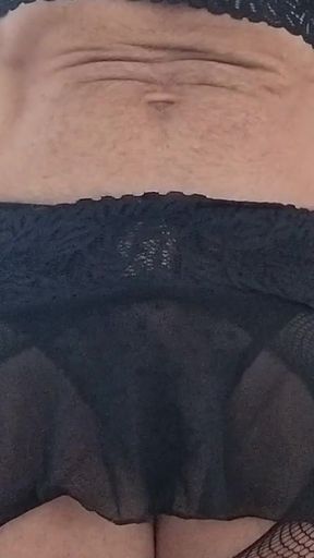 Tranny CD Teases in Black Lingerie