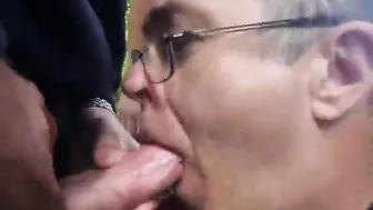 Amateur daddy gives outdoor blowjob and takes a cumshot