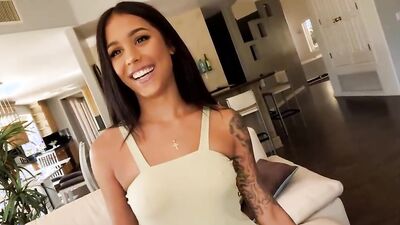 Inked, Latin brunette with a beautiful smile, Camila Cortez is getting fucked on the sofa