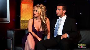 Two busty blonde milfs with huge fake tits and dressed up in sexy lingerie share a big dick