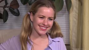 Pigtailed blonde teen 18+, Lilly Ford likes to take off her panties and play with her shaved pussy