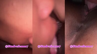 Rough strap on slurps creamy ebony pussy fed by latina