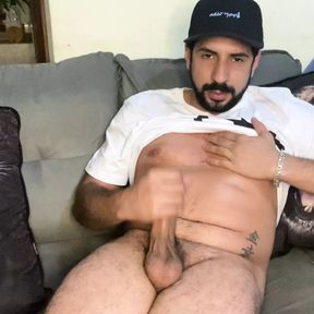 Amazing cumshot of the big cock bear, jerked off until he squirted cum on everything